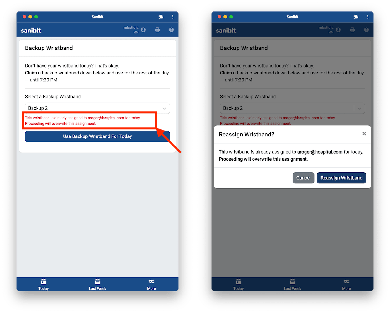 If the wristband you've selected is already in use today, you'll see a notice on screen: "This wristband is already assigned for the next 12 hours. Proceeding will overwrite this assignment."